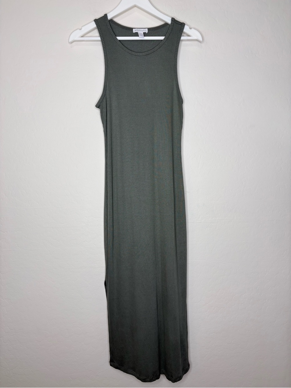 Beyond Yoga Ribbed Formation Midi Dress Olive Green Side Slit Sleeveless Medium